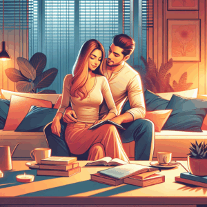 Illustration d'un couple moderne explorant leurs fantasmes sexuels dans un cadre intime et chaleureux, mettant l'accent sur la communication et la découverte mutuelle.