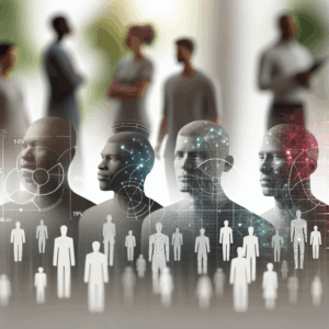 Un groupe diversifié de silhouettes masculines de différentes tailles et proportions en arrière-plan flou, avec des mesures de proportions corporelles en surimpression. Style scientifique, couleurs neutres, fond épuré.