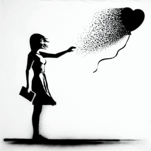 A conceptual and emotional illustration of a relationship fading away, depicting a person standing alone with a disappearing balloon in the style of Banksy, emphasizing the theme of disappearance and detachment.