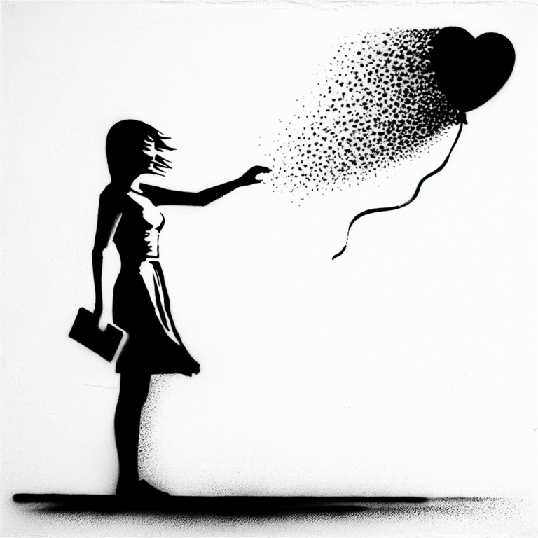 A conceptual and emotional illustration of a relationship fading away, depicting a person standing alone with a disappearing balloon in the style of Banksy, emphasizing the theme of disappearance and detachment.