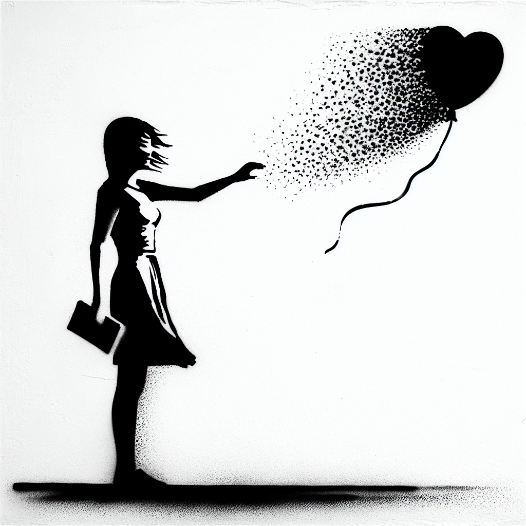 A conceptual and emotional illustration of a relationship fading away, depicting a person standing alone with a disappearing balloon in the style of Banksy, emphasizing the theme of disappearance and detachment.