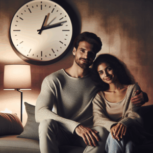 A couple sitting together on a couch in a cozy living room, both relaxed and smiling, with a clock showing 8:00 PM on the wall. Dimmed lights create a warm, romantic atmosphere. The style is modern and minimalistic.