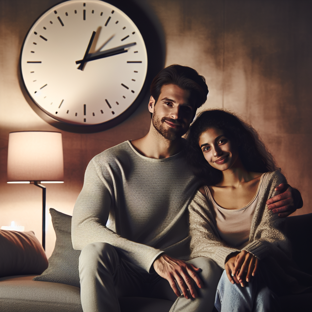 A couple sitting together on a couch in a cozy living room, both relaxed and smiling, with a clock showing 8:00 PM on the wall. Dimmed lights create a warm, romantic atmosphere. The style is modern and minimalistic.