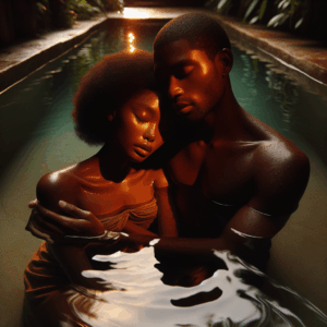 A peaceful and romantic scene of a couple close to each other in a clear, calm swimming pool. Warm lighting reflects off the water, surrounded by beautiful greenery. The focus is on intimacy, comfort, and serenity in a private moment.