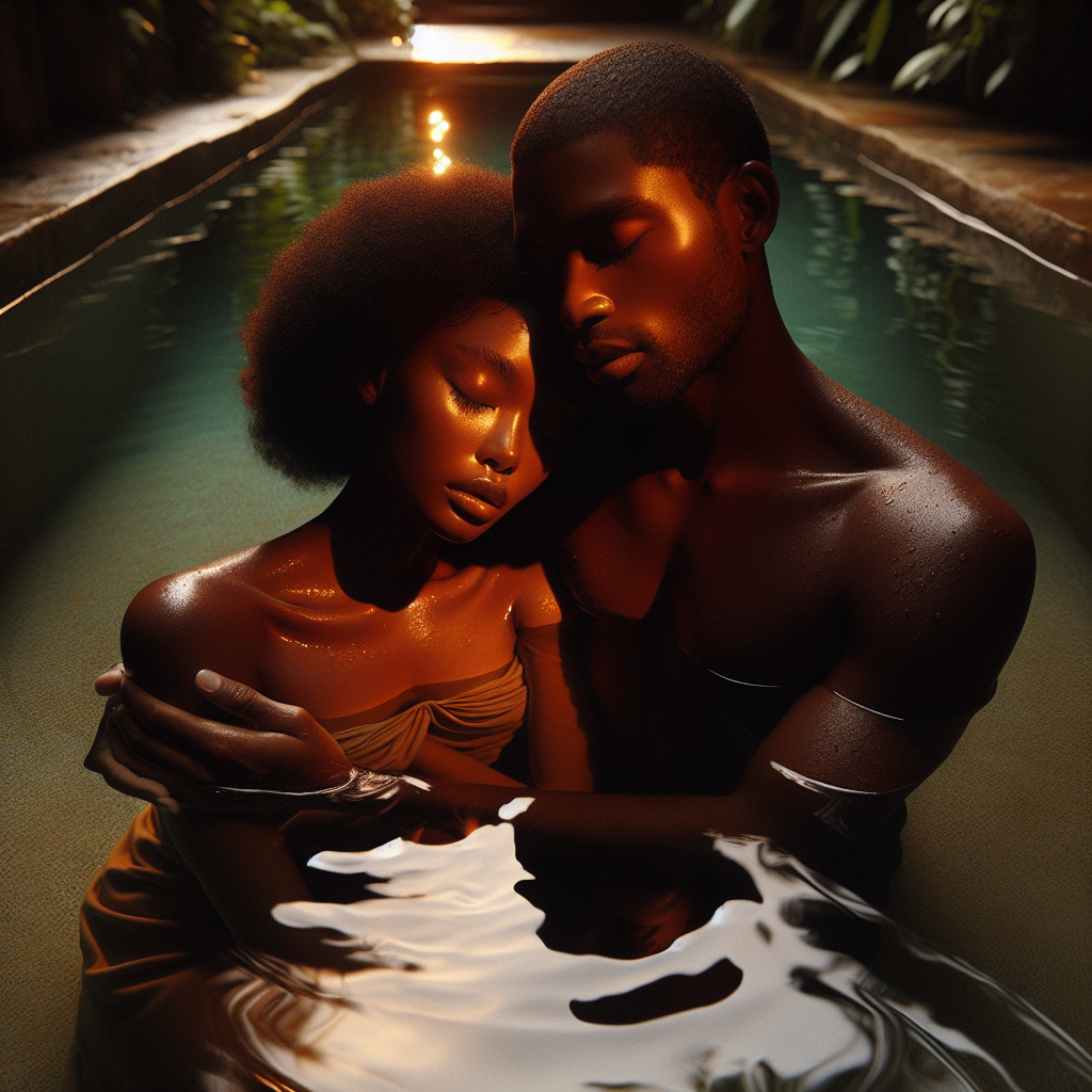 A peaceful and romantic scene of a couple close to each other in a clear, calm swimming pool. Warm lighting reflects off the water, surrounded by beautiful greenery. The focus is on intimacy, comfort, and serenity in a private moment.
