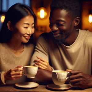 A couple smiling while sharing a quiet, intimate moment over a cup of coffee at home, surrounded by warm, cozy lighting to represent the intimacy and connection built through small gestures.