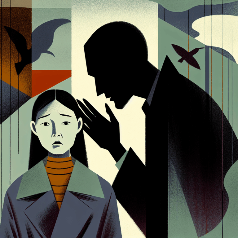An illustration capturing a dark, shadowy figure whispering into a woman's ear, symbolizing psychological manipulation. The background should have an abstract representation of confusion and entrapment, using muted colors to convey a sense of unease and tension.