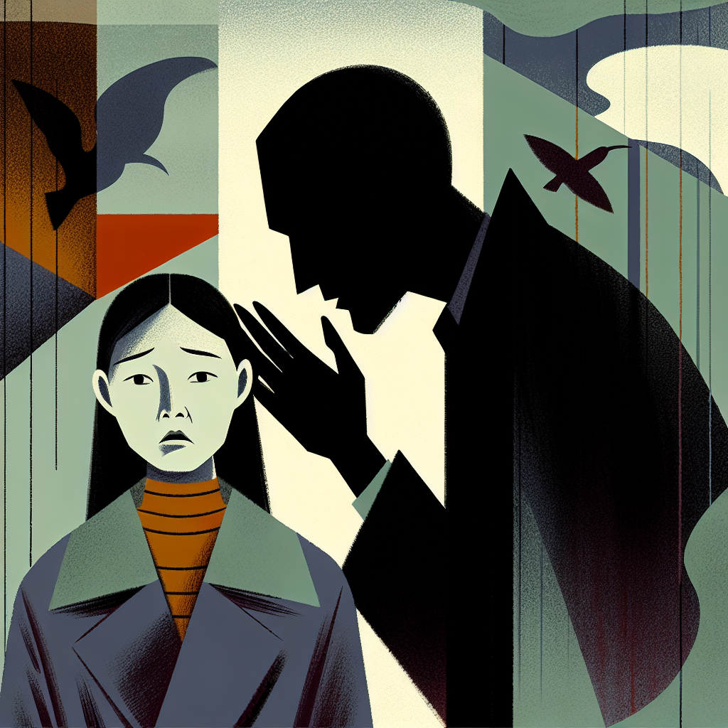 An illustration capturing a dark, shadowy figure whispering into a woman's ear, symbolizing psychological manipulation. The background should have an abstract representation of confusion and entrapment, using muted colors to convey a sense of unease and tension.