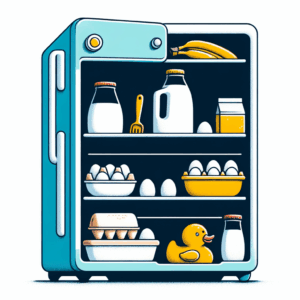 A whimsical illustration of a refrigerator with unexpected items such as a sextoy neatly placed next to typical food items like milk and eggs, highlighting the surprise and humor of finding unusual objects in commonplace settings.