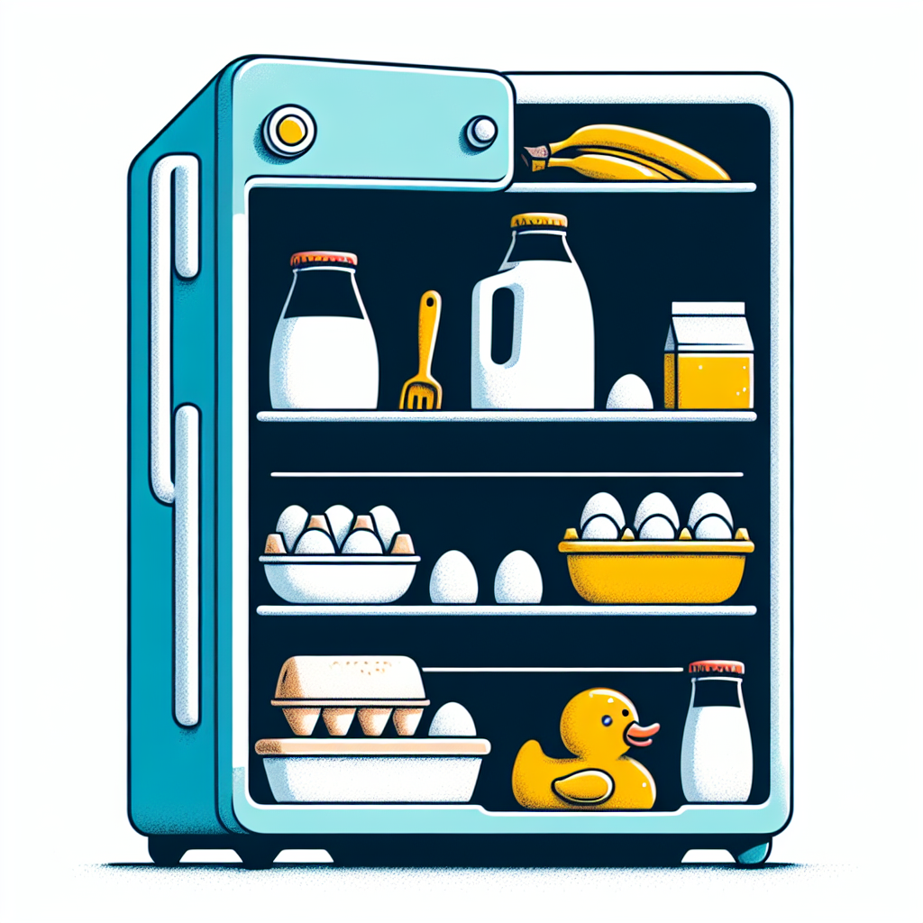 A whimsical illustration of a refrigerator with unexpected items such as a sextoy neatly placed next to typical food items like milk and eggs, highlighting the surprise and humor of finding unusual objects in commonplace settings.