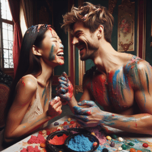 Artistic depiction of a couple engaging in sploshing, playfully covered in colorful foods and enjoying intimate moments; emphasize the mixture of sensuality and fun, with vibrant, appetizing colors, set in a luxurious, private setting.