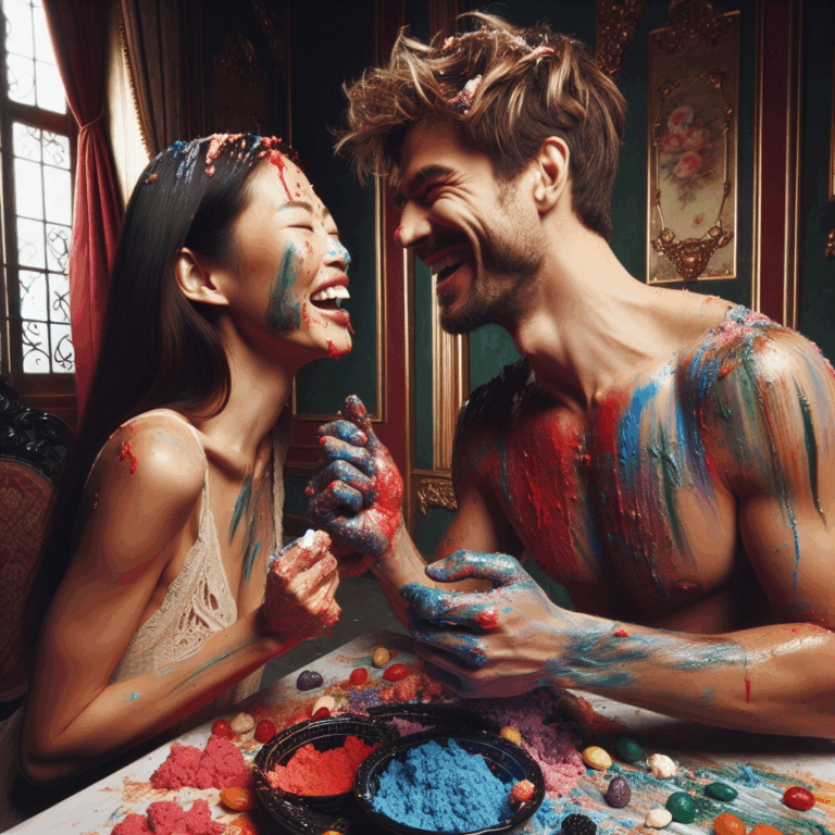 Artistic depiction of a couple engaging in sploshing, playfully covered in colorful foods and enjoying intimate moments; emphasize the mixture of sensuality and fun, with vibrant, appetizing colors, set in a luxurious, private setting.