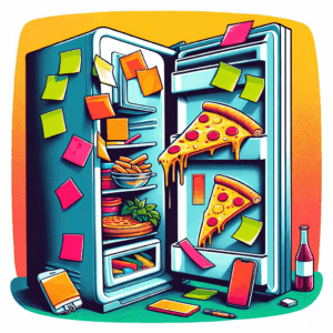 A humorous and colorful illustration of an open refrigerator filled with unusual objects like a sextoy, post-its, a forgotten pizza, and a mobile phone, symbolizing modern living habits and lifestyle.