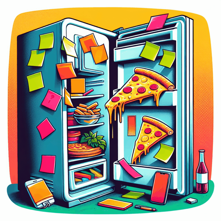 A humorous and colorful illustration of an open refrigerator filled with unusual objects like a sextoy, post-its, a forgotten pizza, and a mobile phone, symbolizing modern living habits and lifestyle.