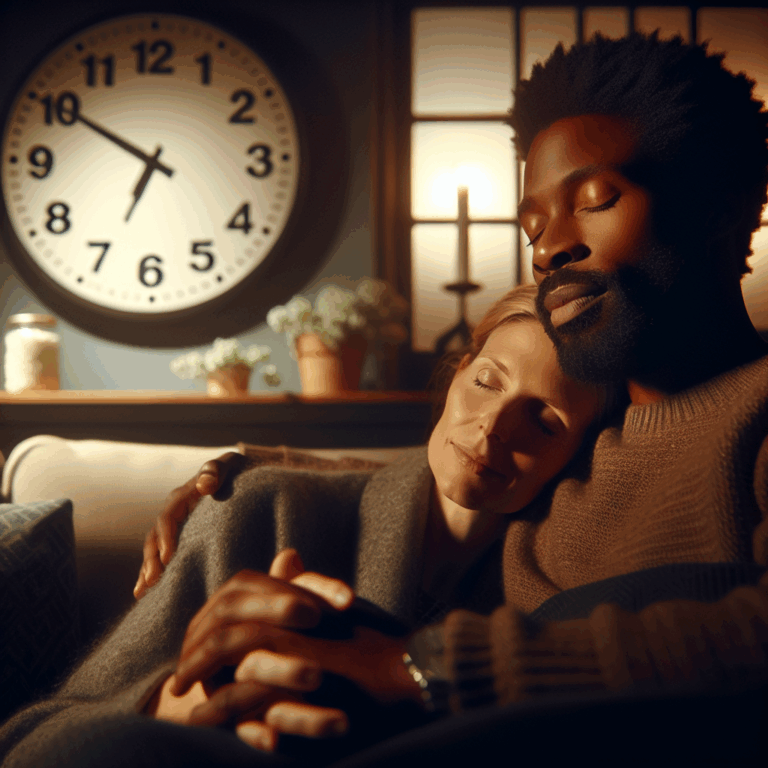 A serene night setting with a clock showing an early evening time, a couple peacefully enjoying each other's company on a couch. Soft, warm lighting to convey intimacy and relaxation.