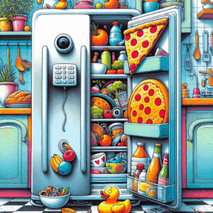 A quirky illustration showing a French refrigerator filled with unexpected items like a sextoy, pizza, and a mobile phone, surrounded by a lively kitchen setting.