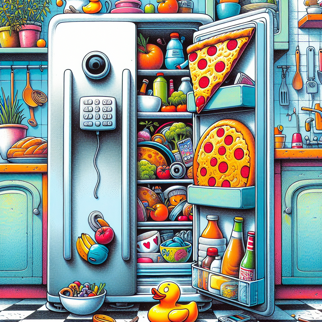 A quirky illustration showing a French refrigerator filled with unexpected items like a sextoy, pizza, and a mobile phone, surrounded by a lively kitchen setting.