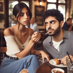 A young couple on a date, sitting in a café. The woman looks mildly displeased while the man is engaging in an innocuous behavior like talking with his mouth full or shaking his leg. The atmosphere is slightly awkward, capturing the essence of a small but significant disruption in a romantic setting.