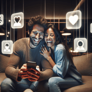 A happy couple using smartphone apps together in a cozy home setting, with icons of various dating and relationship apps floating around them. Warm lighting, modern interior.