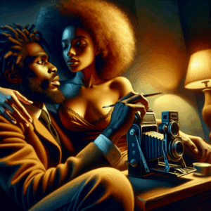 A couple in an intimate setting exploring new boundaries, symbolizing sexual fantasies and experimentation. Warm, inviting colors with an artistic touch.
