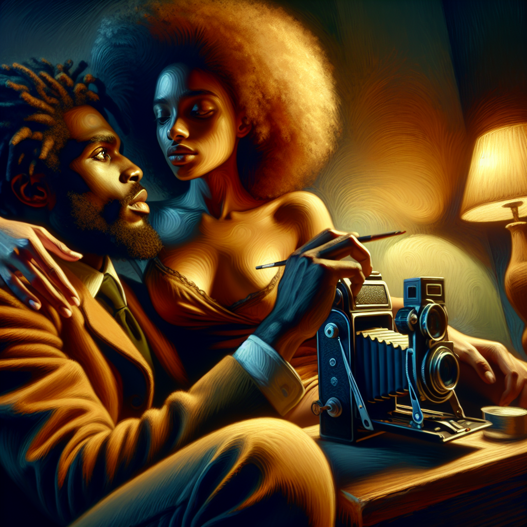 A couple in an intimate setting exploring new boundaries, symbolizing sexual fantasies and experimentation. Warm, inviting colors with an artistic touch.