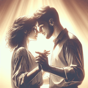 Illustration of a couple engaging in the 'mating press' position, highlighting intimacy and physical closeness, soft lighting, romantic atmosphere, no explicit details.