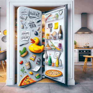A whimsical illustration of a refrigerator open to reveal unexpected items like a sextoy, notes, and a pizza, set in a modern French kitchen. The image captures a playful and surprising atmosphere, with a focus on the diverse and unusual contents that symbolize lifestyle quirks.