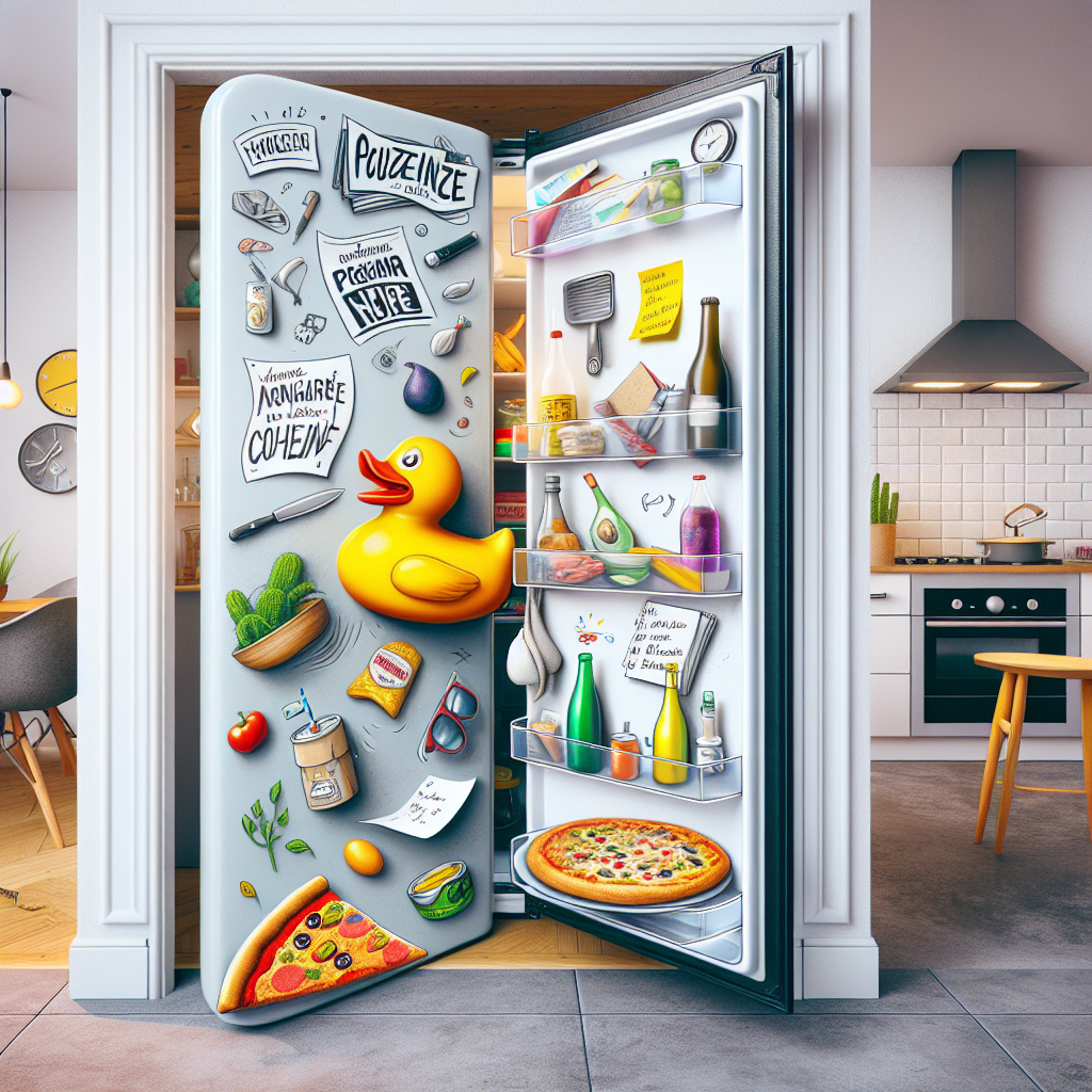 A whimsical illustration of a refrigerator open to reveal unexpected items like a sextoy, notes, and a pizza, set in a modern French kitchen. The image captures a playful and surprising atmosphere, with a focus on the diverse and unusual contents that symbolize lifestyle quirks.