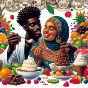 An intimate and playful scene of a couple engaging in sploshing, surrounded by vibrant fruits, chocolate, and creams, creating a colorful, joyful atmosphere with sensual expressions and messy fun.