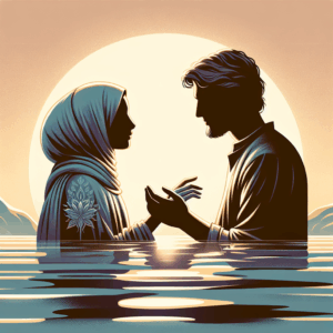A romantic scene of a couple partially submerged in clear, calming water, with an emphasis on intimacy and warmth, silhouetted against a gently setting sun. The atmosphere is serene, safe, and intimate.