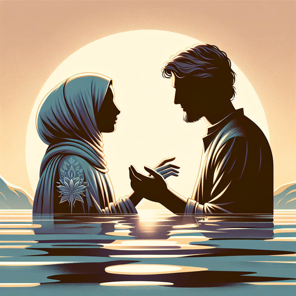 A romantic scene of a couple partially submerged in clear, calming water, with an emphasis on intimacy and warmth, silhouetted against a gently setting sun. The atmosphere is serene, safe, and intimate.