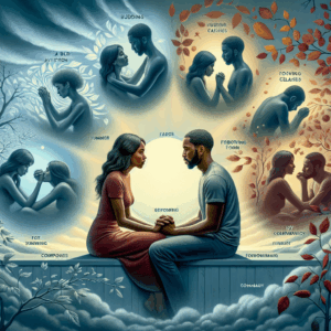 An emotional and thoughtful illustration of a couple sitting together, holding hands and deep in conversation. They are surrounded by various scenes representing different stages of their relationship: early love, conflict, reconciliation, and mature companionship. The background shows the passage of time, depicted through changes in seasons from spring to winter.