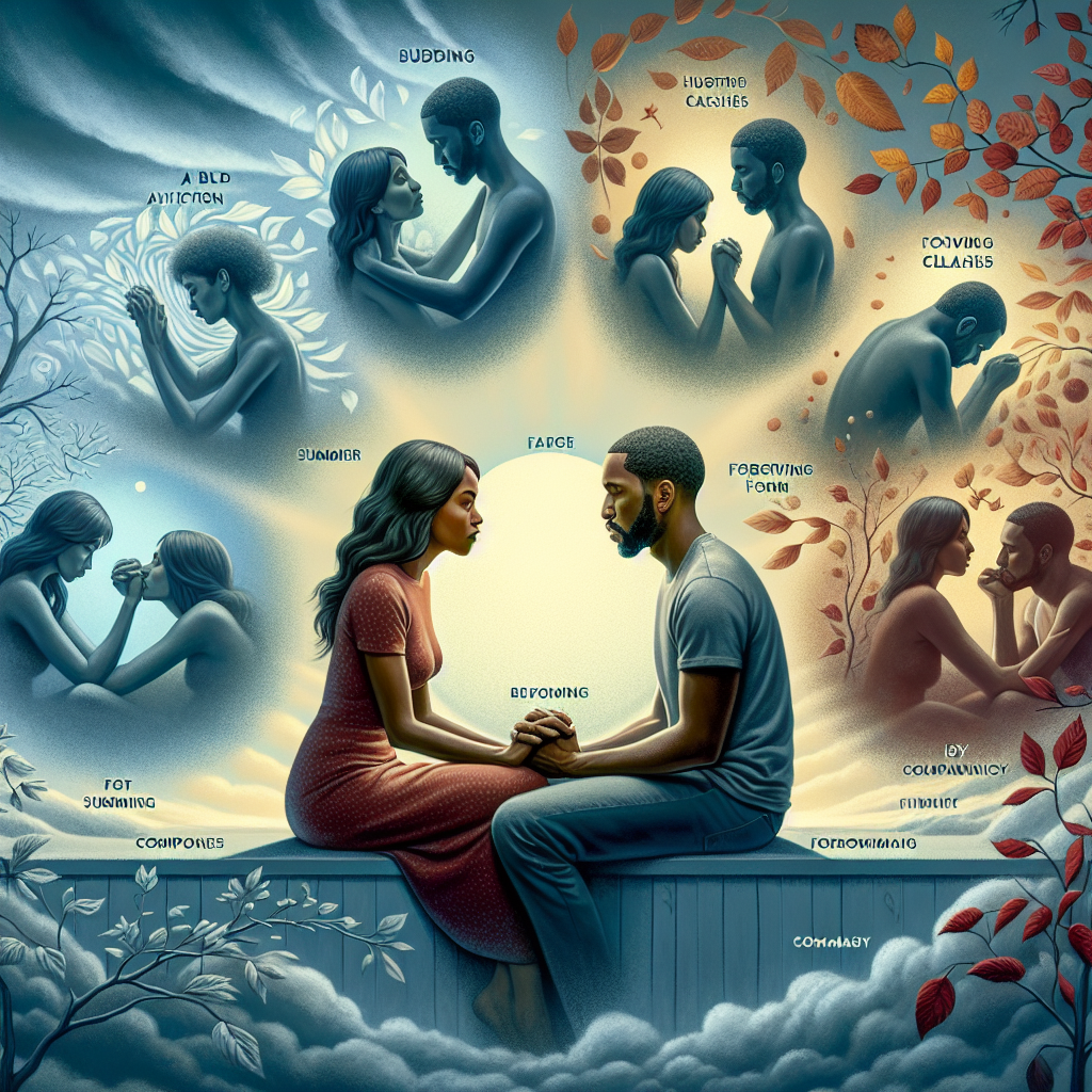 An emotional and thoughtful illustration of a couple sitting together, holding hands and deep in conversation. They are surrounded by various scenes representing different stages of their relationship: early love, conflict, reconciliation, and mature companionship. The background shows the passage of time, depicted through changes in seasons from spring to winter.