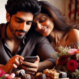 A couple sitting together, the man lovingly texting, surrounded by small gifts like flowers and chocolates, with a warm, affectionate atmosphere.