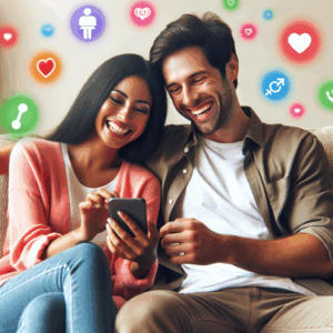 A happy couple using a smartphone while sitting together on a cozy sofa, with colorful app icons floating around them, symbolizing relationship apps.
