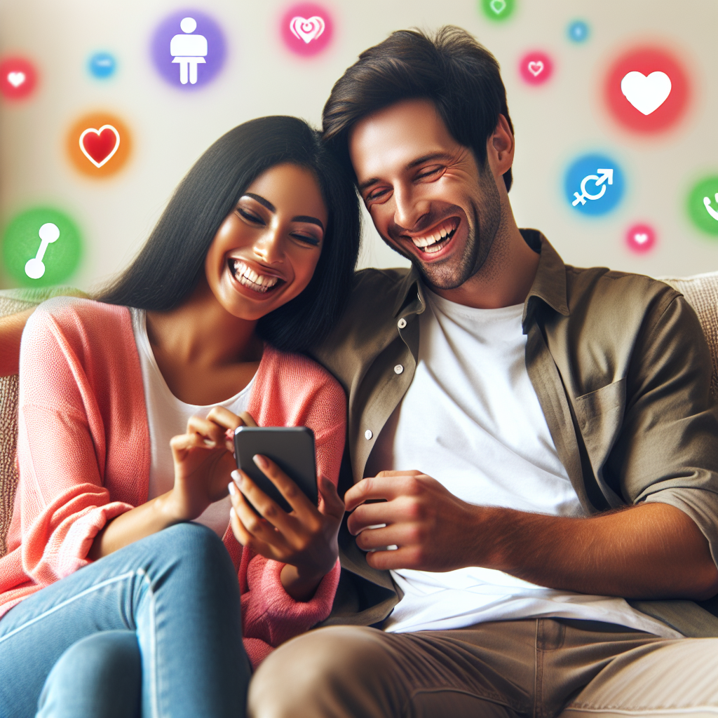 A happy couple using a smartphone while sitting together on a cozy sofa, with colorful app icons floating around them, symbolizing relationship apps.