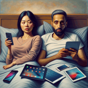 A couple lying in bed looking bored, surrounded by modern gadgets like smartphones and tablets, symbolizing the intrusion of technology into intimate moments, in a warm, intimate bedroom setting.
