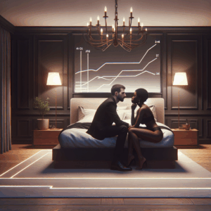 A modern French bedroom with a couple, illustrating the evolution of sexual practices and the dichotomy between excitement and routine, soft lighting conveying a sense of intimacy and introspection.