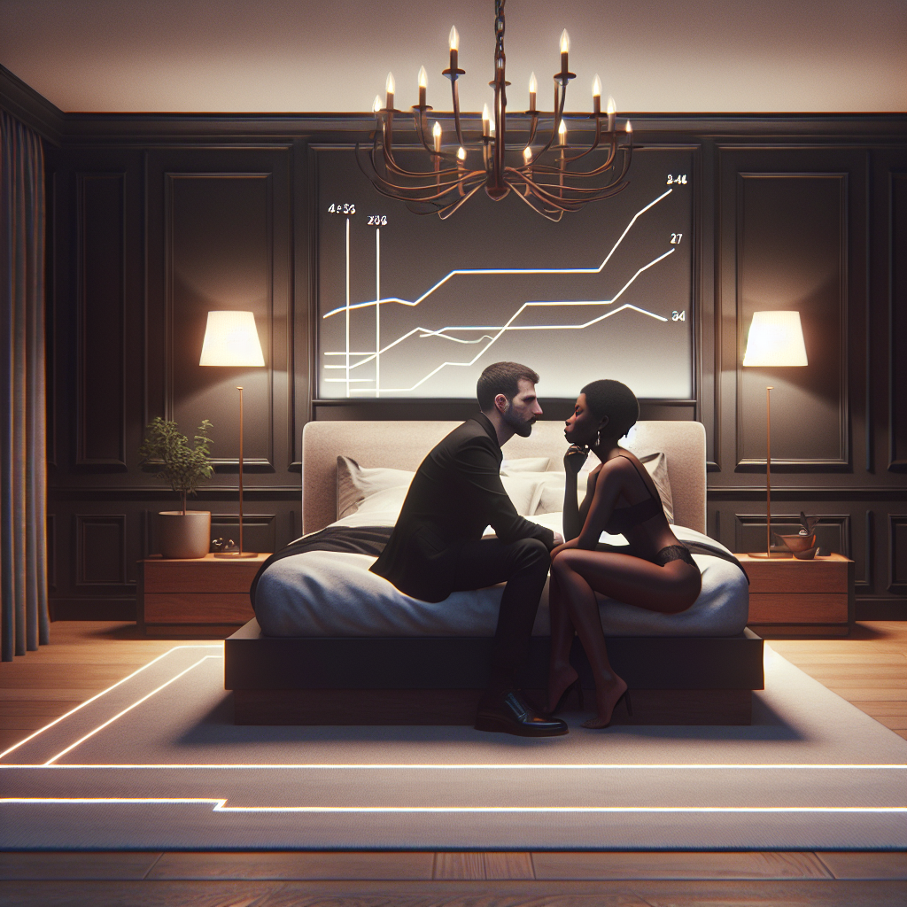 A modern French bedroom with a couple, illustrating the evolution of sexual practices and the dichotomy between excitement and routine, soft lighting conveying a sense of intimacy and introspection.