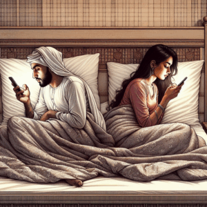 A thoughtful illustration of a couple in bed, appearing disconnected despite being together; they look at their phones instead of each other, conveying a sense of distance. The room is softly lit, emphasizing a serene yet emotionally distant atmosphere.