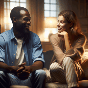 A couple sitting on a couch, reminiscing about their first date, looking both thoughtful and happy, in a cozy room with warm lighting.