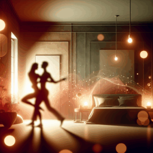 A couple in an intimate bedroom setting exploring the coital alignment technique, with soft, romantic lighting enhancing the mood. The focus is on connection, intimacy, and the sense of discovery between them.