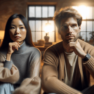 A thoughtful couple sitting together with a slight emotional distance, both with expressions of introspection. The background shows a cozy living room, with warm lighting that creates a reflective ambiance, portraying their journey through relationship complexities.