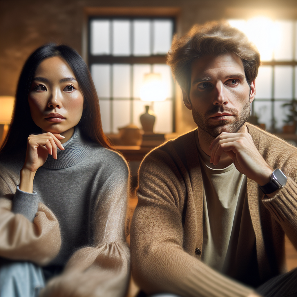 A thoughtful couple sitting together with a slight emotional distance, both with expressions of introspection. The background shows a cozy living room, with warm lighting that creates a reflective ambiance, portraying their journey through relationship complexities.