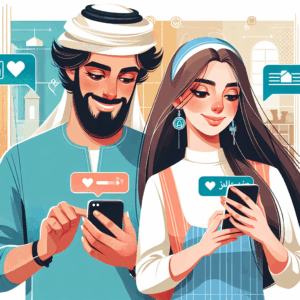Illustration d'un couple moderne utilisant des smartphones pour se connecter émotionnellement, avec une interface d'application visible à l'écran, style contemporain et coloré