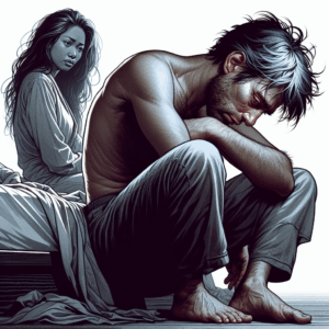 An emotional scene depicting a person feeling vulnerable after a breakup, while someone else hovers nearby with a predatory gaze, symbolizing emotional manipulation. The atmosphere is tense and captures the essence of emotional vulnerability.