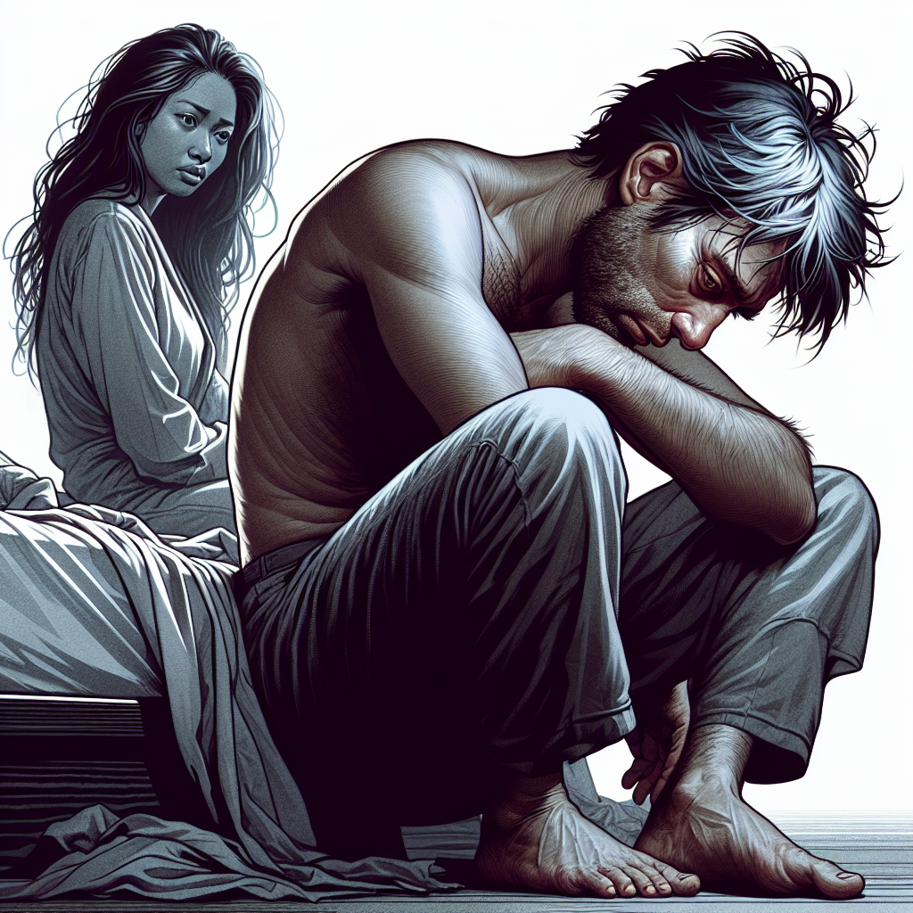 An emotional scene depicting a person feeling vulnerable after a breakup, while someone else hovers nearby with a predatory gaze, symbolizing emotional manipulation. The atmosphere is tense and captures the essence of emotional vulnerability.