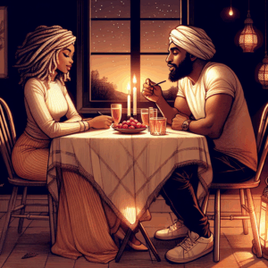 An intimate scene depicting a couple having a deep and meaningful conversation at a cozy, warmly lit table, setting up a romantic and peaceful atmosphere. The setting suggests a moment of thoughtful connection, reflecting the idea of planning intimate time together.