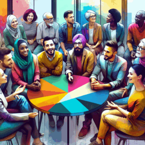 A diverse group of people, showing curiosity and excitement, discusses various sexual fantasies in a modern setting. The scene is colorful and inclusive, with a focus on empowerment and exploration, highlighting an avant-garde view of sexuality.