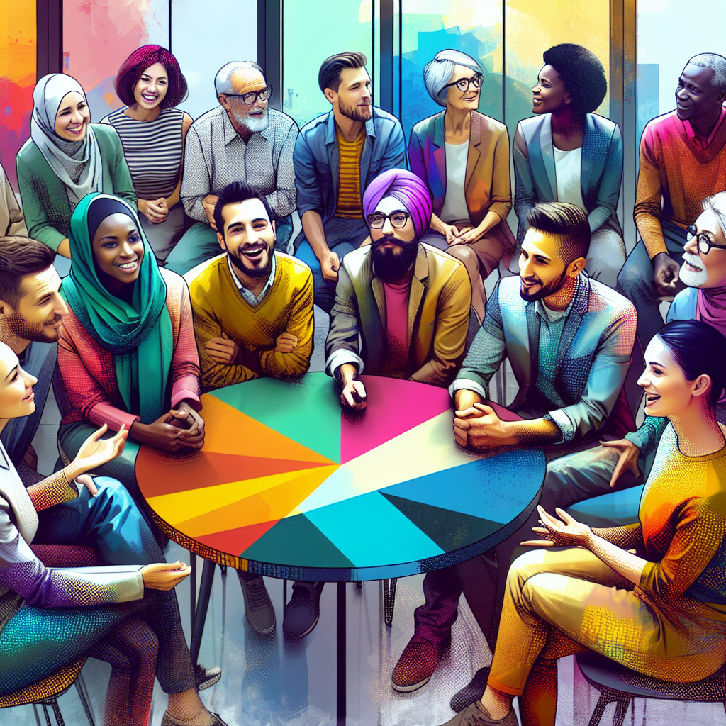 A diverse group of people, showing curiosity and excitement, discusses various sexual fantasies in a modern setting. The scene is colorful and inclusive, with a focus on empowerment and exploration, highlighting an avant-garde view of sexuality.